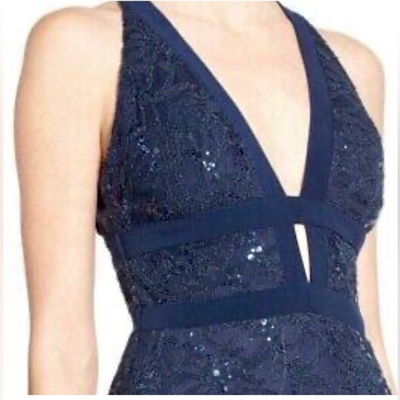 B. Darlin Formal Prom Navy Blue Maxi Dress Gown Lace Sequin Open Back Size 3/4 - Picture 3 of 9